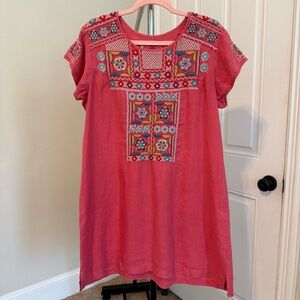 Johnny Was Pink Embroidered Linen Dress